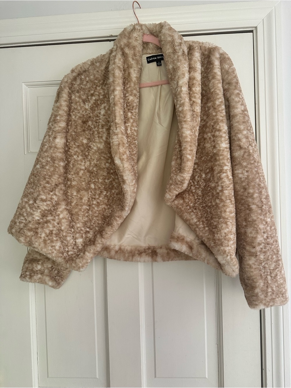 Catherine Malandrino Plush Faux Fur Open-Front Jacket in Beige